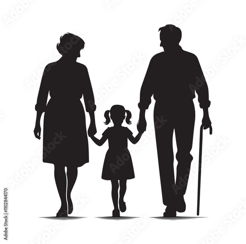 grandparents walking with granddaughter vector silhouette Illustration 