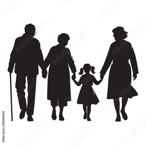 grandparents walking with granddaughter vector silhouette Illustration 