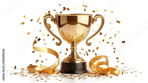 Trophycup on white background with golden confetti and ribbons, stock photo contest winner, award-winning photography, gold trophy cup on white wall photo