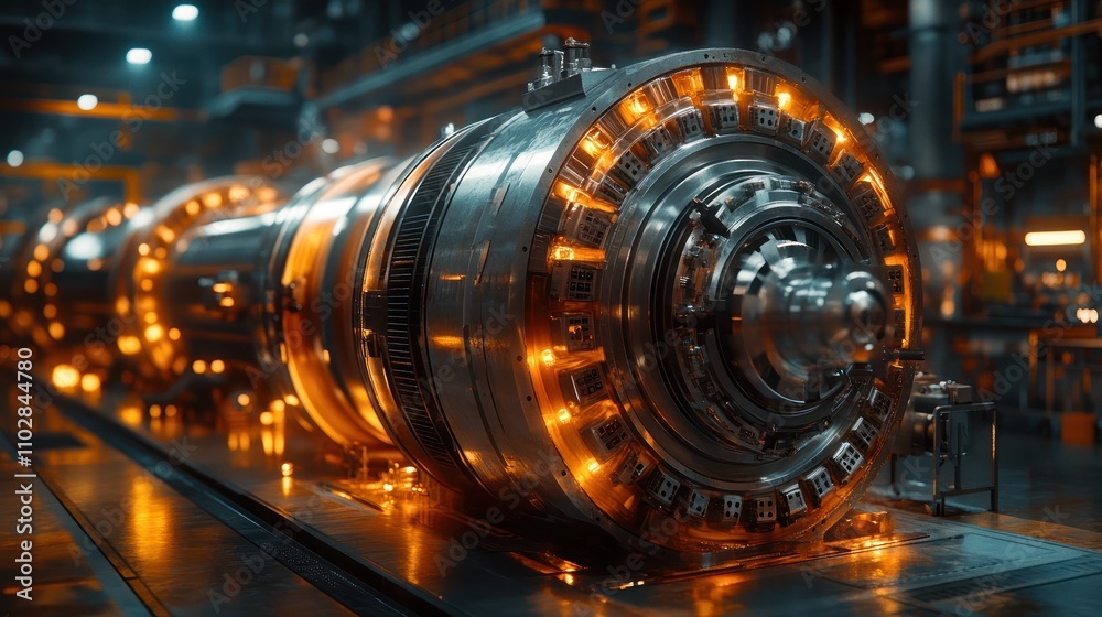 Fototapeta premium Hydropower turbine parts being built in a hyper-detailed green energy factory.
