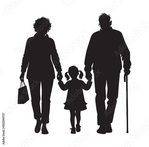 grandparents walking with granddaughter vector silhouette Illustration 