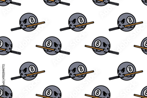skull head with black ball billiard biting stick seamless pattern on white background. grim skull with cue stick pool object illustration pattern background for billiard decoration and merchandise 