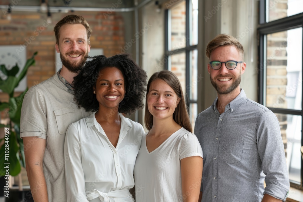 Portrait of happy multiethnic business team standing together in office. Multiethnic group of businesspeople looking at camera and smiling. Teamwork concept