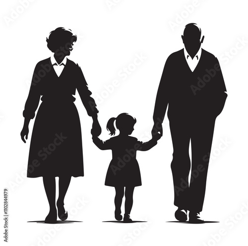 grandparents walking with granddaughter vector silhouette Illustration 