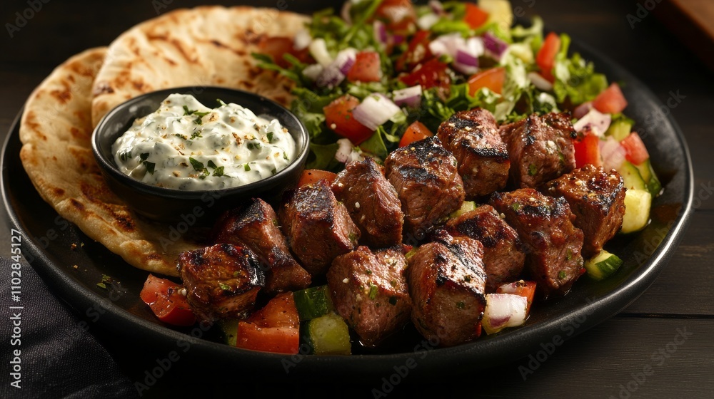A plate of meat and vegetables with a side of tzatziki sauce A plate of meat and vegetables with a side of tzatziki sauce