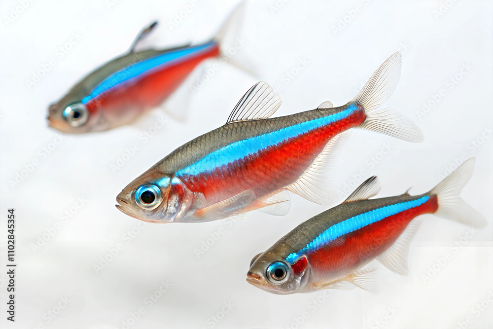 Obraz premium Three neon tetra fish (Paracheirodon innesi) on isolated white background. 