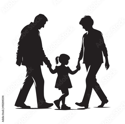 grandparents walking with granddaughter vector silhouette Illustration 