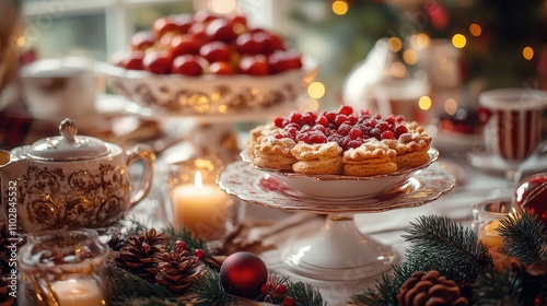 Cozy holiday tea party featuring seasonal treats and festive decorations in a warm atmosphere