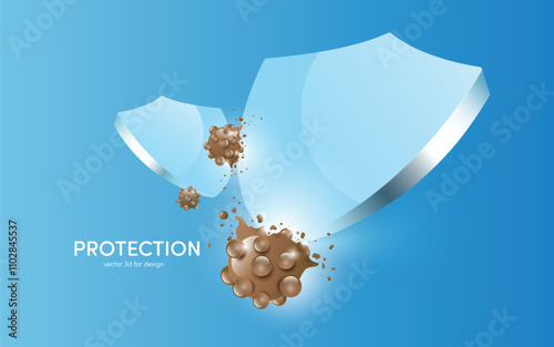 double glass shield protects and protects against viruses or germs and dirt, 3d vector on blue background for advertising design for disinfectant or prophylactic medicinal products, Antivirus shield