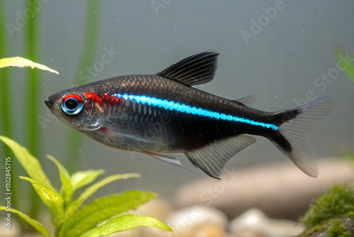 A beautiful black neon tetra fish (Paracheirodon innesi) on aquarium background.  photo