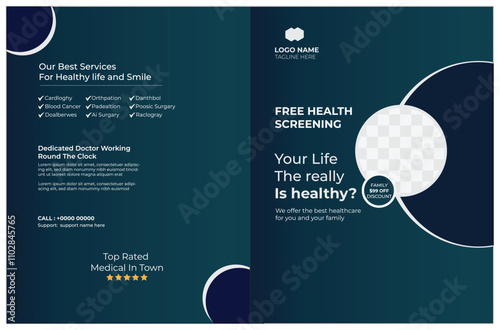 Medical Healthcare clinic presentation folder design cover for catalogue, brochures, layout for placement of photos and text, modern geometric design