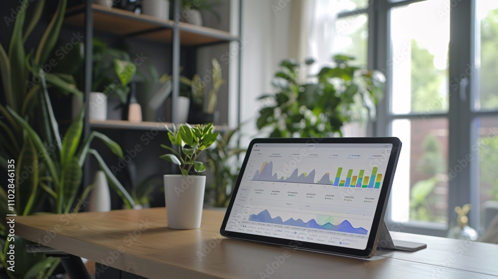 Well organized home office workspace with digital analytics dashboard displaying data charts and graphs on computer tablet screen with interior design elements like wooden shelves and plants Well organized home office workspace with digital analytics dashboard displaying data charts and graphs on computer tablet screen with interior design elements like wooden shelves and plants