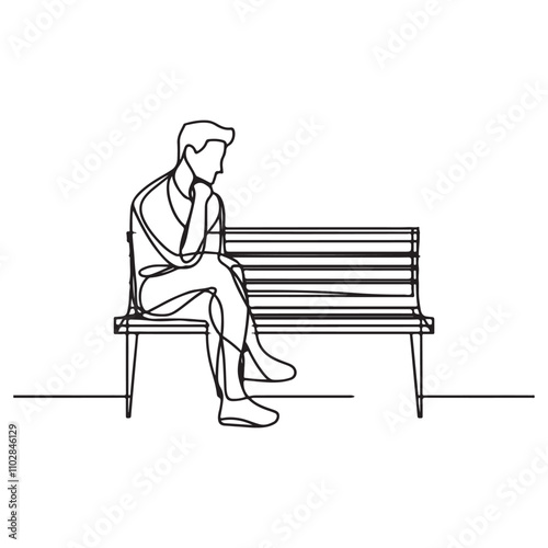 One continuous single drawing black line art doodle of a lone man figure sitting on a bench, lost in thought