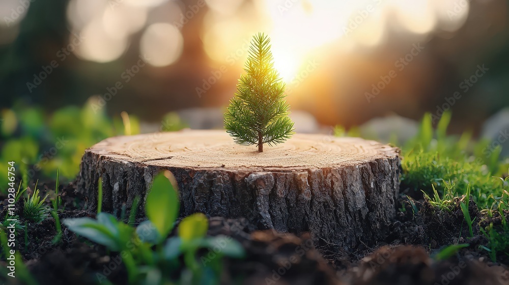 New Life Sapling Growing on Tree Stump in Forest New Life Sapling Growing on Tree Stump in Forest