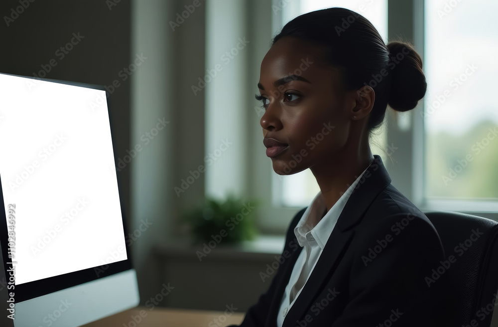 beautiful afro american businesswoman sitting in front of monitor beautiful afro american businesswoman sitting in front of monitor
