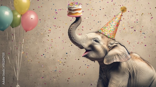 A happy elephant with a party hat celebrating its birthday holding a birthday cake with his trunk