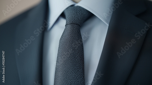 Sophisticated Style: Close-up of a dark gray suit jacket, light blue shirt, and dark gray tie.  The image exudes professionalism and understated elegance.