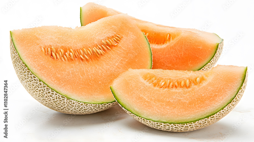 Fresh melon slices arranged beautifully, showcasing their vibrant orange flesh and textured rind, perfect for summer dishes or healthy snacks Fresh melon slices arranged beautifully, showcasing their vibrant orange flesh and textured rind, perfect for summer dishes or healthy snacks