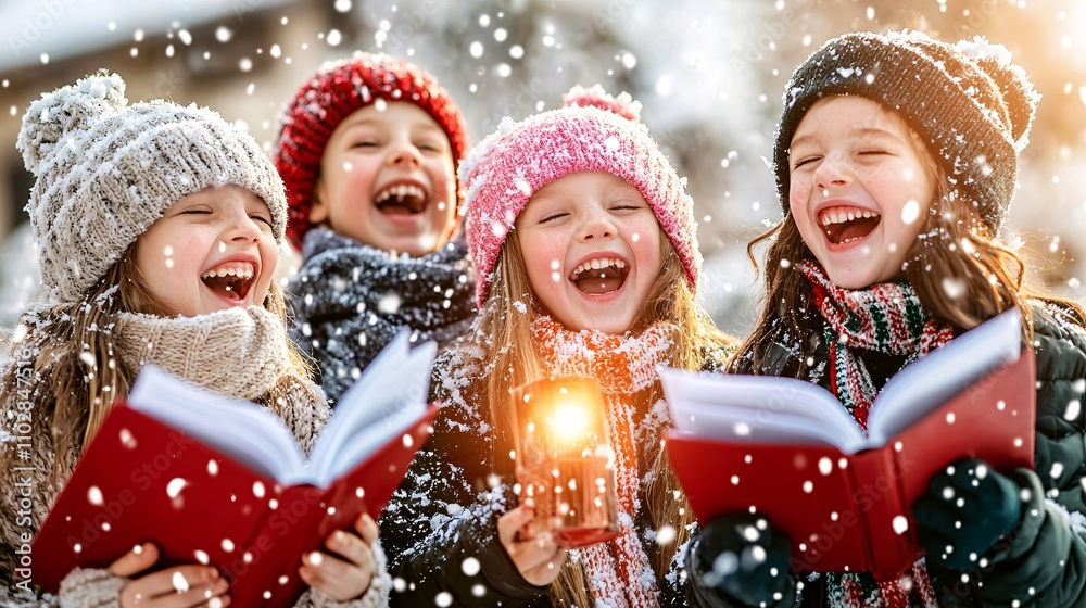 Christmas carols snow concept. Joyful children singing in the snow with books and warm hats. Christmas carols snow concept. Joyful children singing in the snow with books and warm hats.