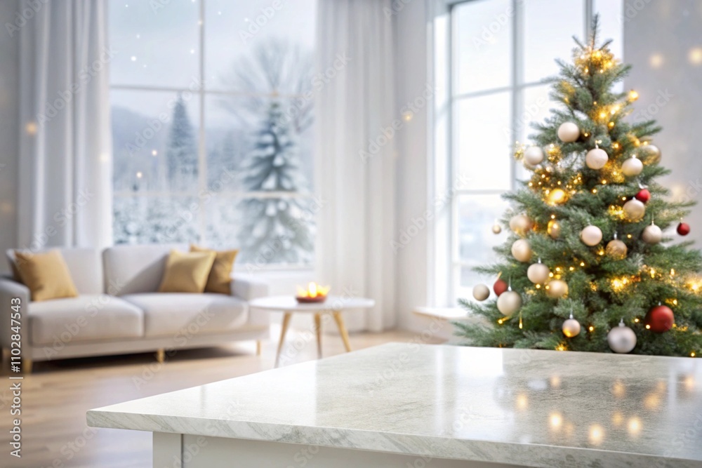 Blank white table top with abstract warm living room decor with Christmas tree, light blurred background with snow Blank white table top with abstract warm living room decor with Christmas tree, light blurred background with snow