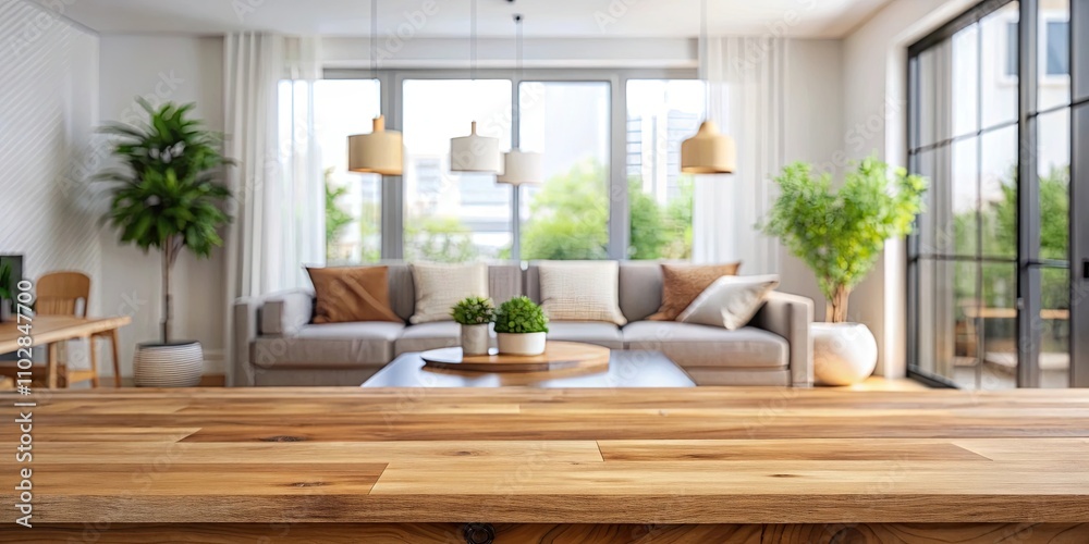 Wooden table in front of blurred modern living room interior, wooden, table, blurred, interior, modern, living room, furniture Wooden table in front of blurred modern living room interior, wooden, table, blurred, interior, modern, living room, furniture