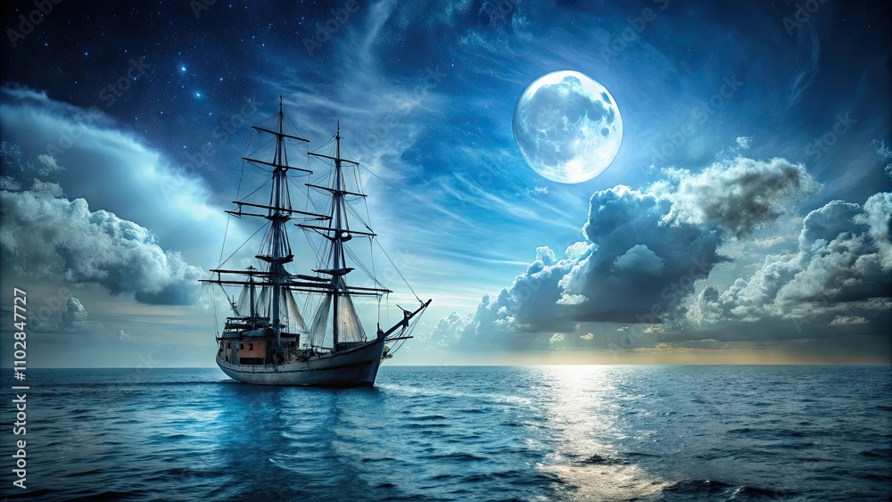 Old ship sailing in a vast sea under a full moon, ship, old, vintage, sea, ocean, moon, night, water, adventure Old ship sailing in a vast sea under a full moon, ship, old, vintage, sea, ocean, moon, night, water, adventure