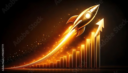 golden arrow graph pointing upwards with a rocket, symbolizing rapid growth and success