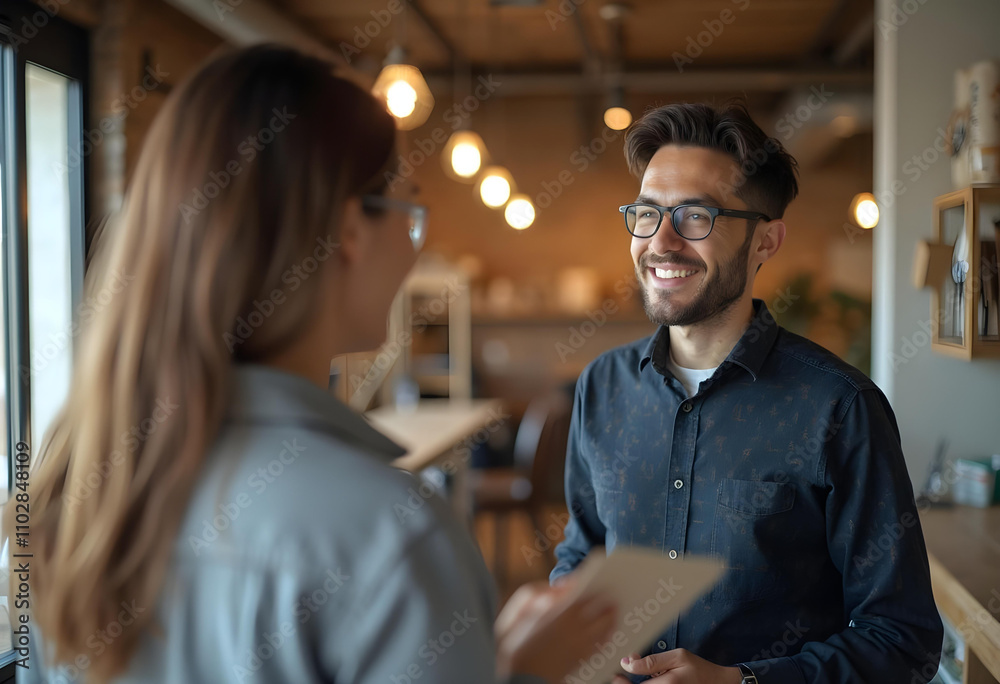 man and woman engage in friendly conversation in cozy cafe setting, showcasing warm and inviting atmosphere. Their smiles reflect positive interaction man and woman engage in friendly conversation in cozy cafe setting, showcasing warm and inviting atmosphere. Their smiles reflect positive interaction