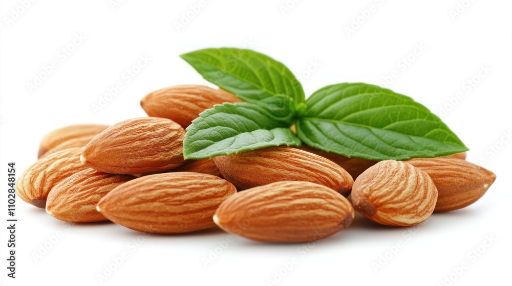 Almonds with fresh leaves on white background. Almonds with fresh leaves on white background.
