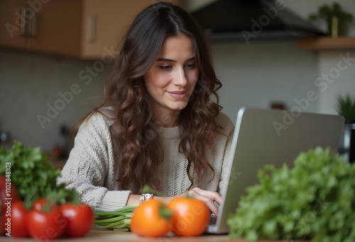 woman with long hair is working on laptop in kitchen surrounded by fresh vegetables like tomatoes and greens, creating warm and inviting atmosphere