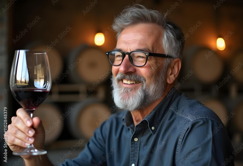 smiling man with glasses holds glass of red wine, enjoying moment in rustic winery setting. warm ambiance and wooden barrels create cozy atmosphere smiling man with glasses holds glass of red wine, enjoying moment in rustic winery setting. warm ambiance and wooden barrels create cozy atmosphere