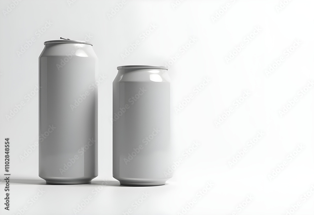 Minimalist design featuring two blank beverage cans in white. larger can stands beside smaller can, creating clean and modern aesthetic Minimalist design featuring two blank beverage cans in white. larger can stands beside smaller can, creating clean and modern aesthetic