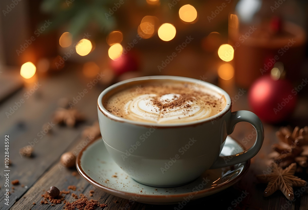 warm cup of coffee with heart design, surrounded by festive decorations and soft bokeh lights, creating cozy atmosphere warm cup of coffee with heart design, surrounded by festive decorations and soft bokeh lights, creating cozy atmosphere