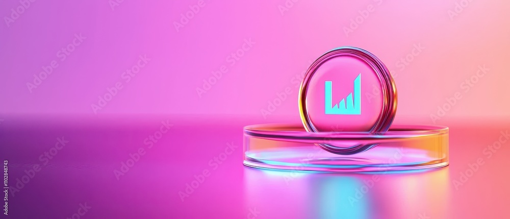 Protection against hacking and cyber attacks concept. A circular glass display holds a glowing financial graph icon, set against a vibrant purple-pink gradient background. Protection against hacking and cyber attacks concept. A circular glass display holds a glowing financial graph icon, set against a vibrant purple-pink gradient background.
