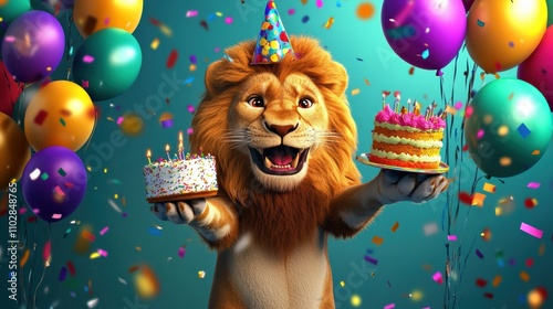 A happy lion with a party hat celebrating its birthday holding a birthday cake photo