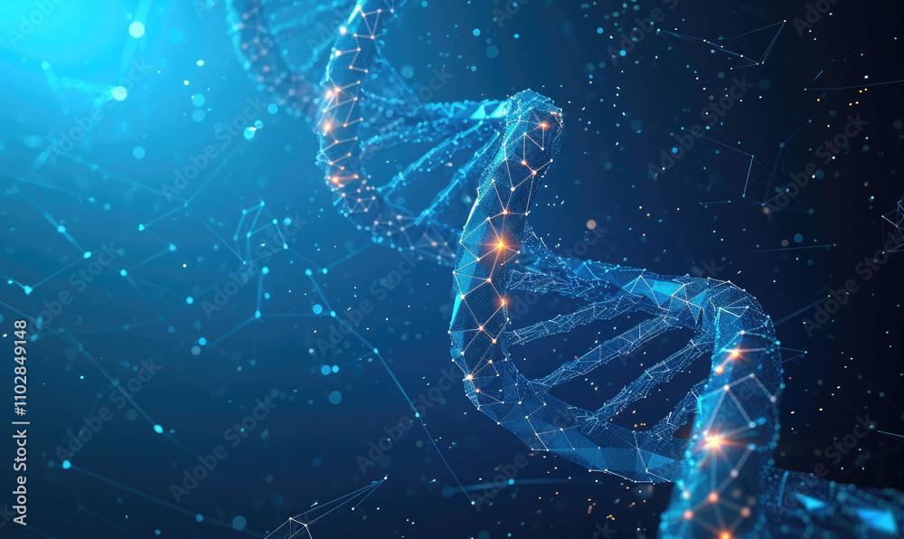 dna. abstract 3d polygonal wireframe dna molecule helix spiral on blue. medical science, genetic biotechnology, chemistry biology, gene cell concept dna. abstract 3d polygonal wireframe dna molecule helix spiral on blue. medical science, genetic biotechnology, chemistry biology, gene cell concept