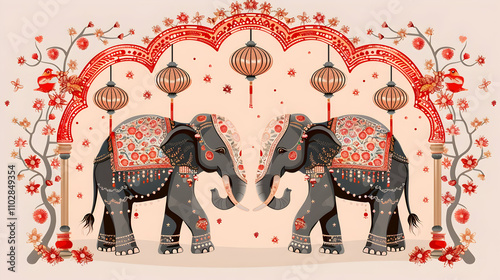 A vector illustration of two elephants decorated with Indian patterns, framed within an arch photo