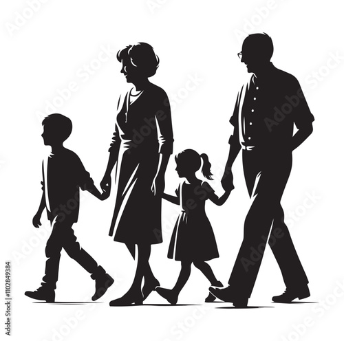 grandparents walking with granddaughter vector silhouette Illustration 
