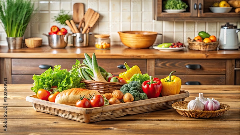 A wooden table in a kitchen displaying a variety of fresh vegetables and fruits in a bowl, accompanied by a bakery tray