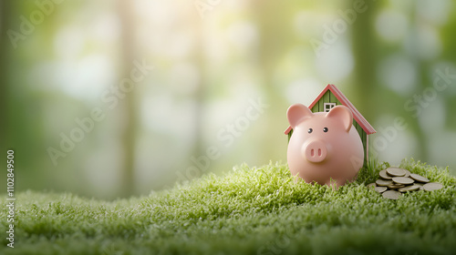 piggy bank beside tiny house on grassy patch symbolizes savings and financial growth. This serene setting evokes sense of peace and prosperity