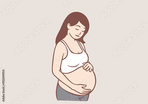 A pregnant woman holding her belly and baby shoes with a joyful smile. Hand drawn style vector design illustrations.