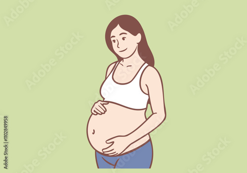 A pregnant woman holding her belly and baby shoes with a joyful smile. Hand drawn style vector design illustrations.