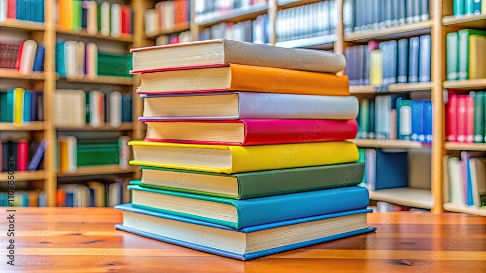 Closeup of a stack of colorful books at a local library, a resource for families to gather and learn together, library Closeup of a stack of colorful books at a local library, a resource for families to gather and learn together, library