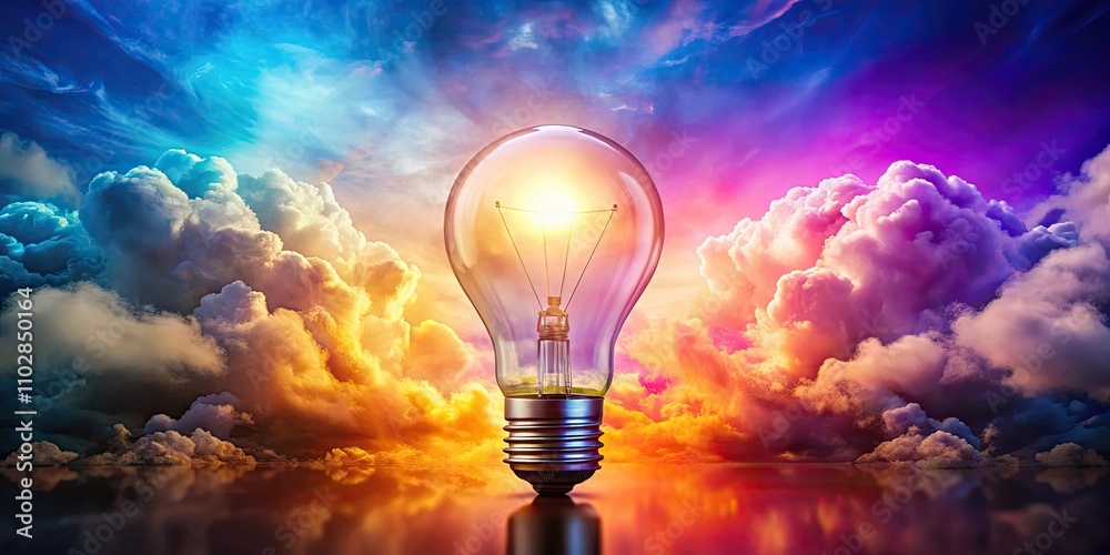 Glowing light bulb on colorful cloud background, innovation, creativity, idea, inspiration, imagination, energy, bright Glowing light bulb on colorful cloud background, innovation, creativity, idea, inspiration, imagination, energy, bright