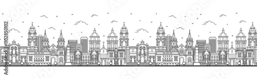 Seamless pattern with Outline Lima Peru City Skyline with Modern and Historic Buildings Isolated on White. Lima Cityscape with Landmarks.