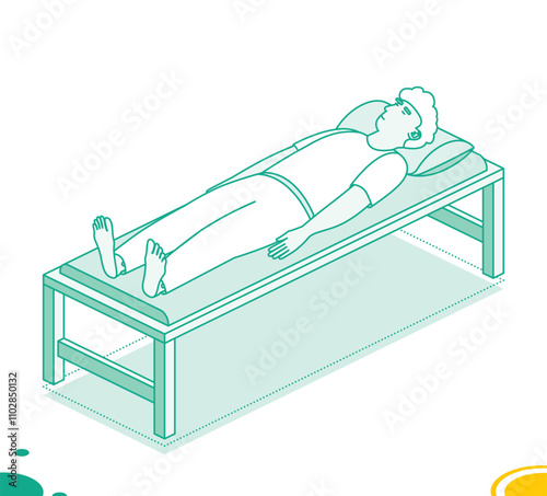 Adult man lies on examination table at hospital or clinic. Isometric outline medical concept. Patient wait a doctor.