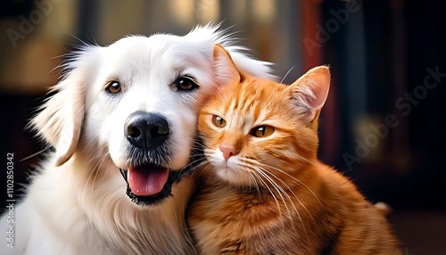 happy white dog and an orange cat hugging and smiling, illustrating strong friendship photo