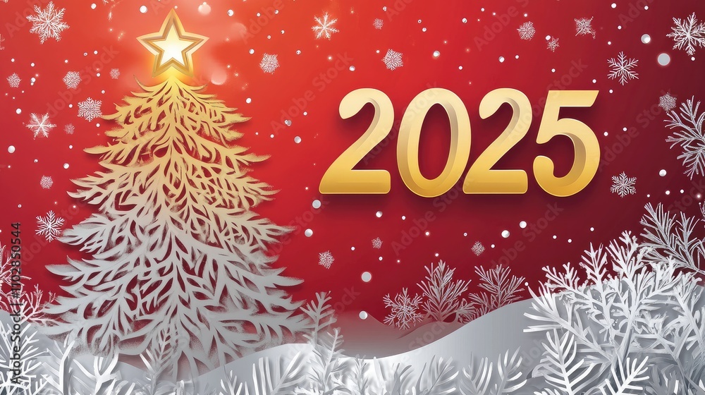 Festive Christmas Tree Design with Snowflakes and Year 2025, Perfect for Holiday Greetings, Invitations, and Seasonal Decorations for the New Year Celebration Festive Christmas Tree Design with Snowflakes and Year 2025, Perfect for Holiday Greetings, Invitations, and Seasonal Decorations for the New Year Celebration