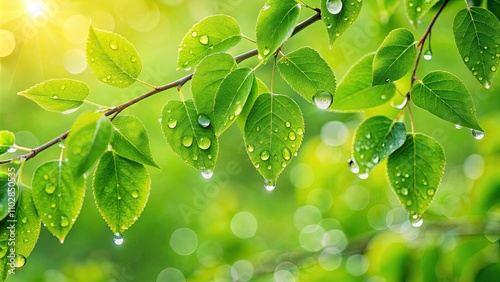 Green leaves glistening with rain drops on a tree in the spring time, beautiful, green leaves, rain drops, foliage, tree