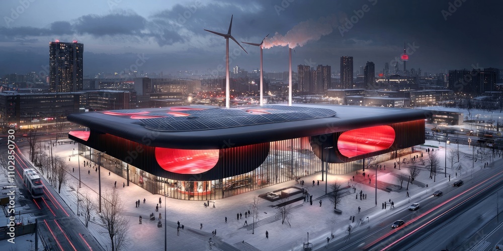 A futuristic sports arena with large red displays, surrounded by snow and wind turbines, set against a dramatic skyline. A futuristic sports arena with large red displays, surrounded by snow and wind turbines, set against a dramatic skyline.